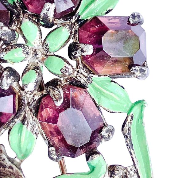 Vintage 1930s Floral Bouquet Brooch Purple Glass Enamel Pot Metal Jewelry Pin - Picture 12 of 15